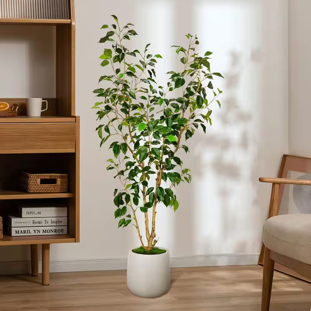 5 Ft. Artificial Ficus Tree in White Decor Pot, Faux Green Plant Indoor Home Dec