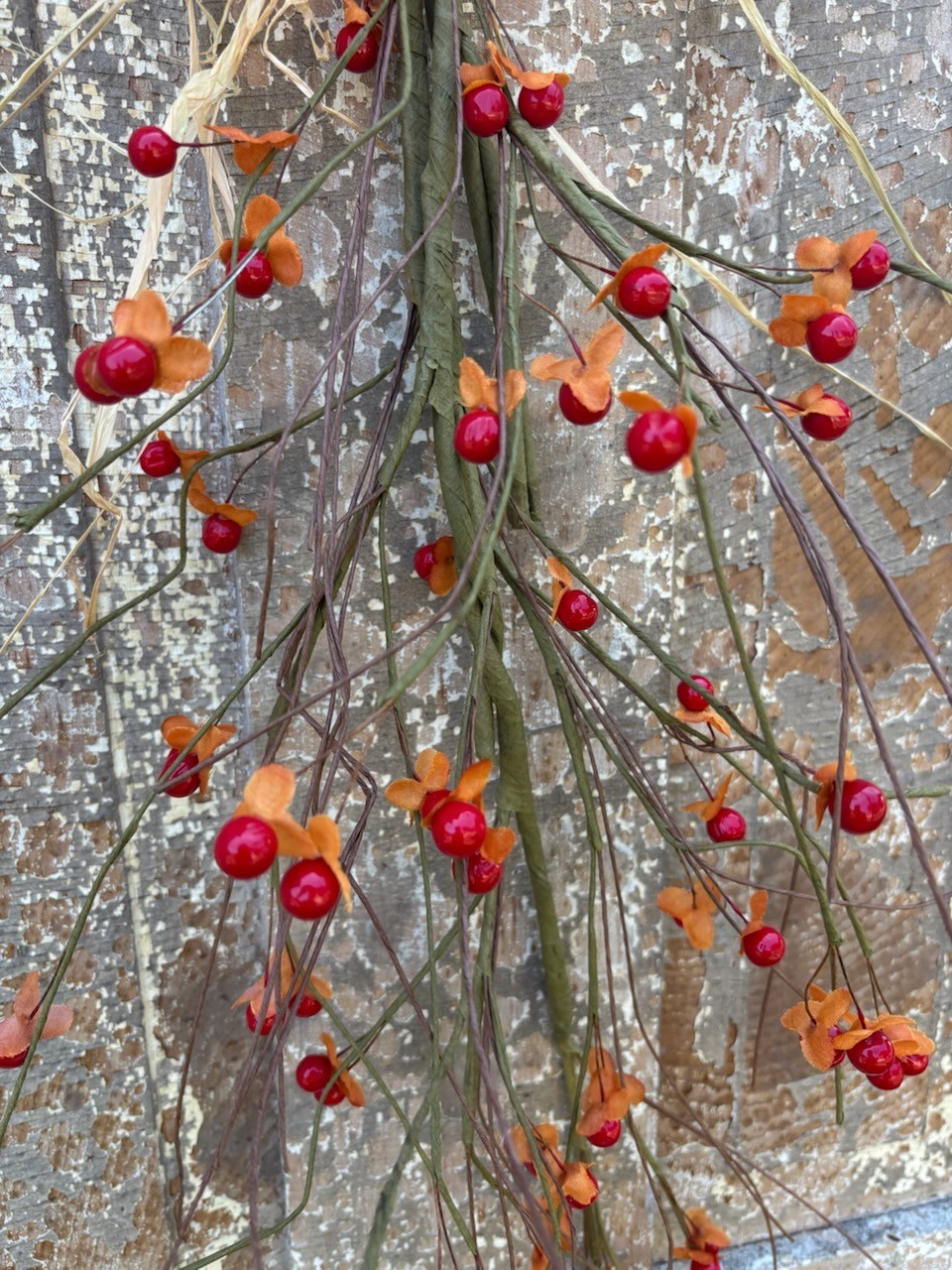 Primitive Farmhouse FALL BITTERSWEET BRANCH Teardrop Swag Orange Berry 30″