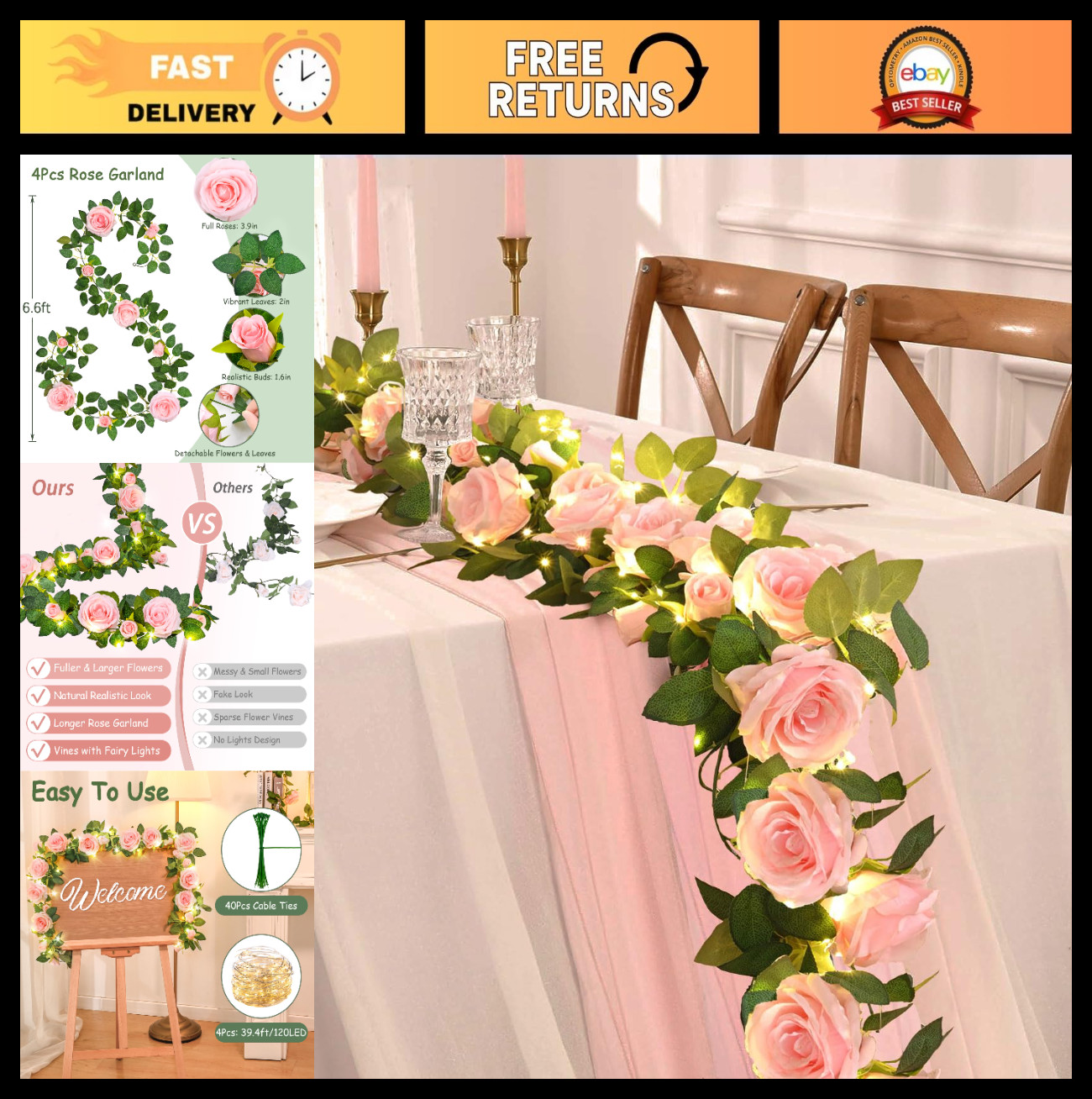 4 Pcs Pink Floral Garland with 39.2 Ft Lights – Fake Flower Decor for Weddings,