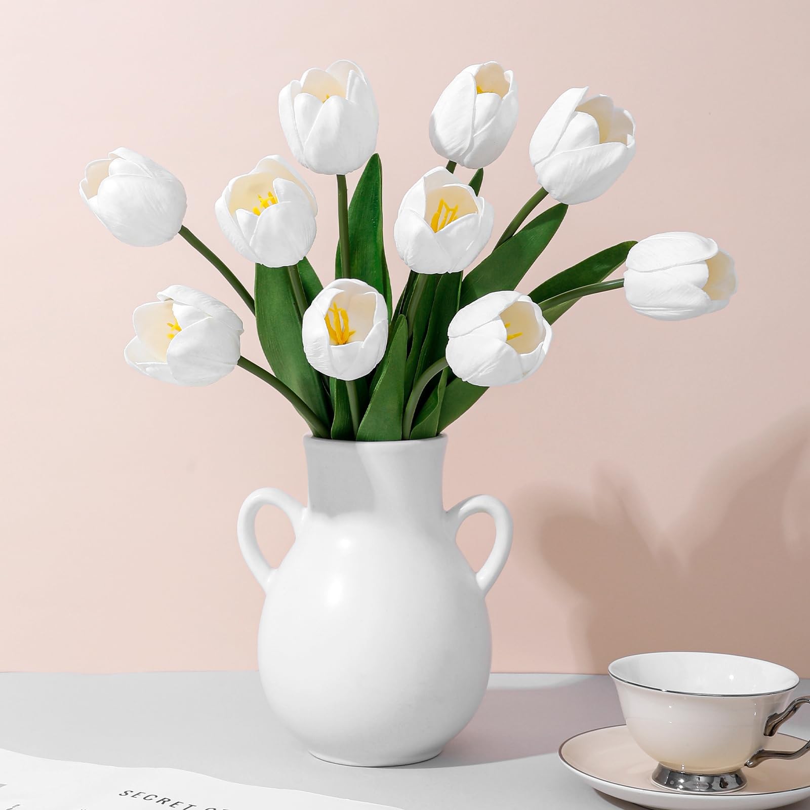 White Fake Tulips,18.5″ PU Artificial Tulips Flowers for Spring Easter Home K…