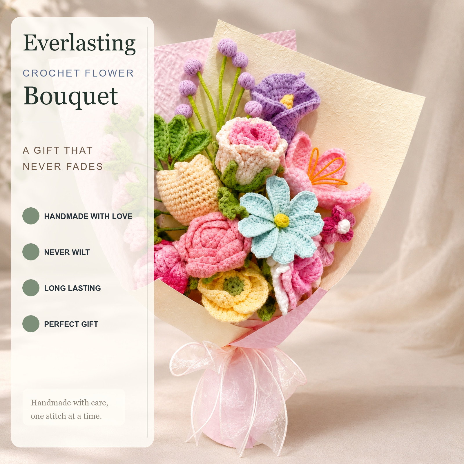 Large Pastel Pink Crochet Flower Bouquet Birthday Gift for Mom
