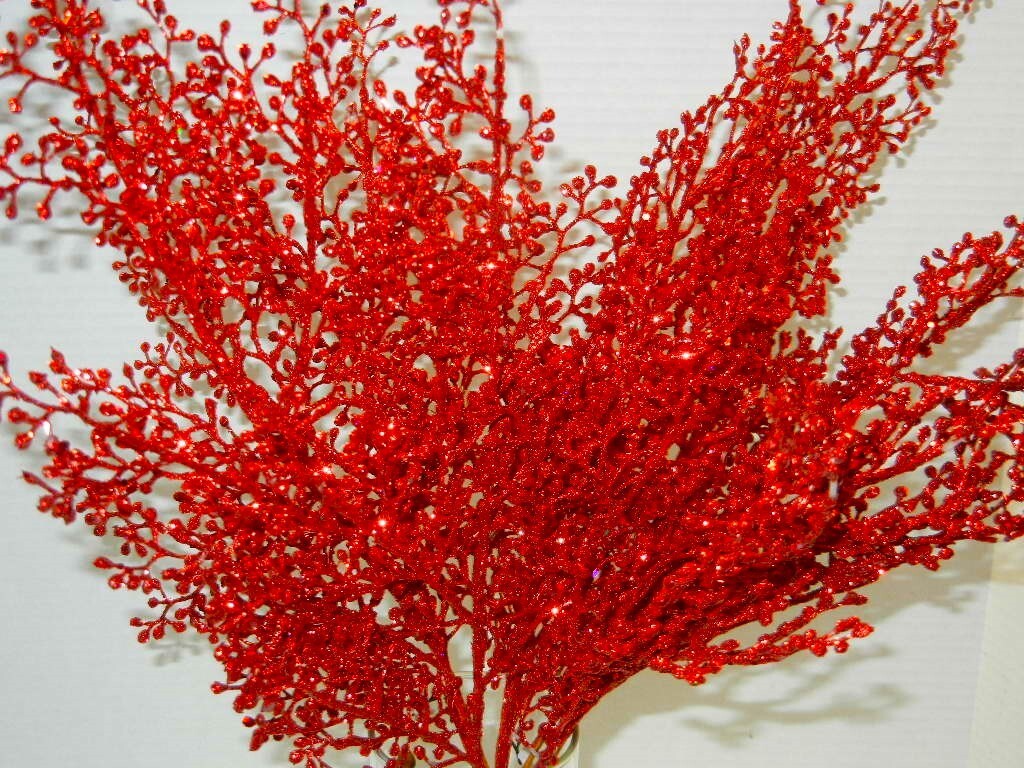 8 Artificial 21″T RED Glittered Branches BERRIES Stems Crafts Centerpiece