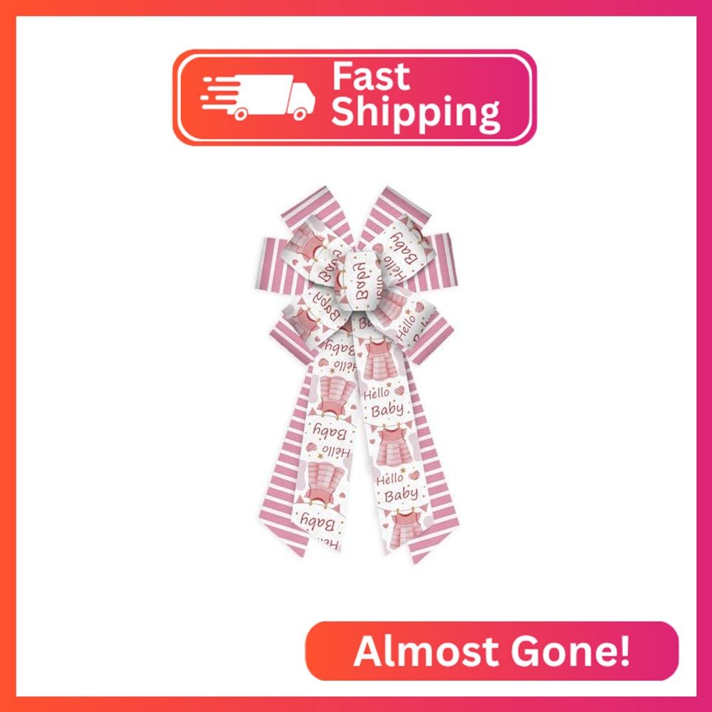 Threetols Baby Shower Wreath Bows, Pink White Stripe Bows for Wreath Baby Pink D