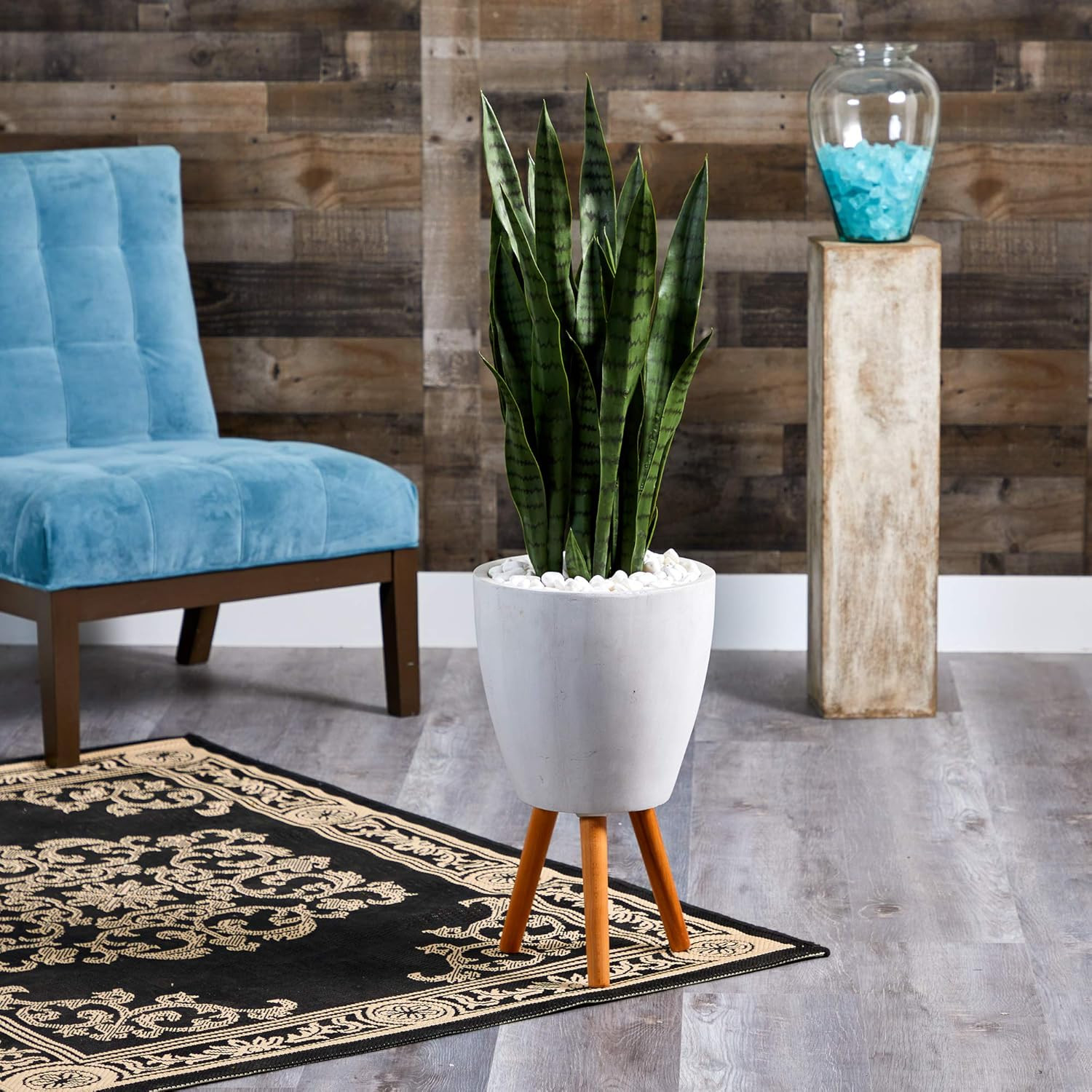 4-Ft Faux Snake Plant in White Planter, Mid Century Modern Indoor Decor