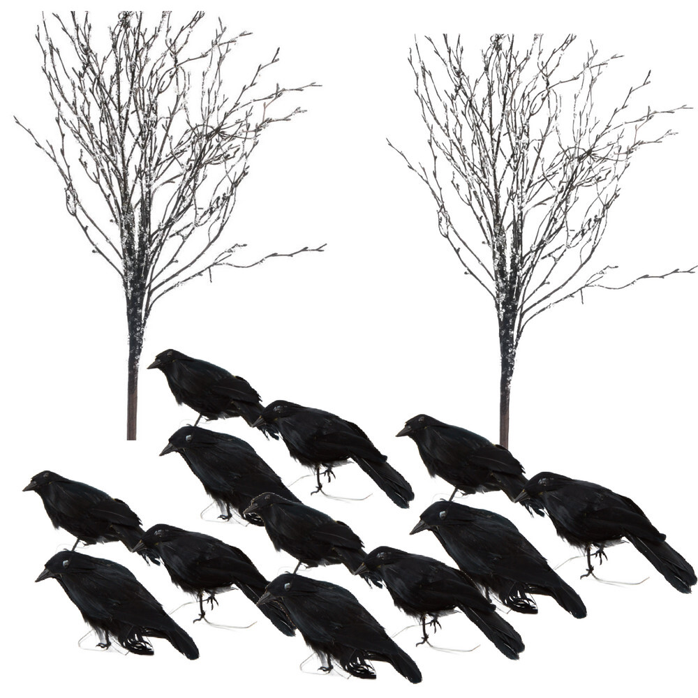 Artificial Icy Branches with Crows Arrangement Kit for Halloween & Fall
