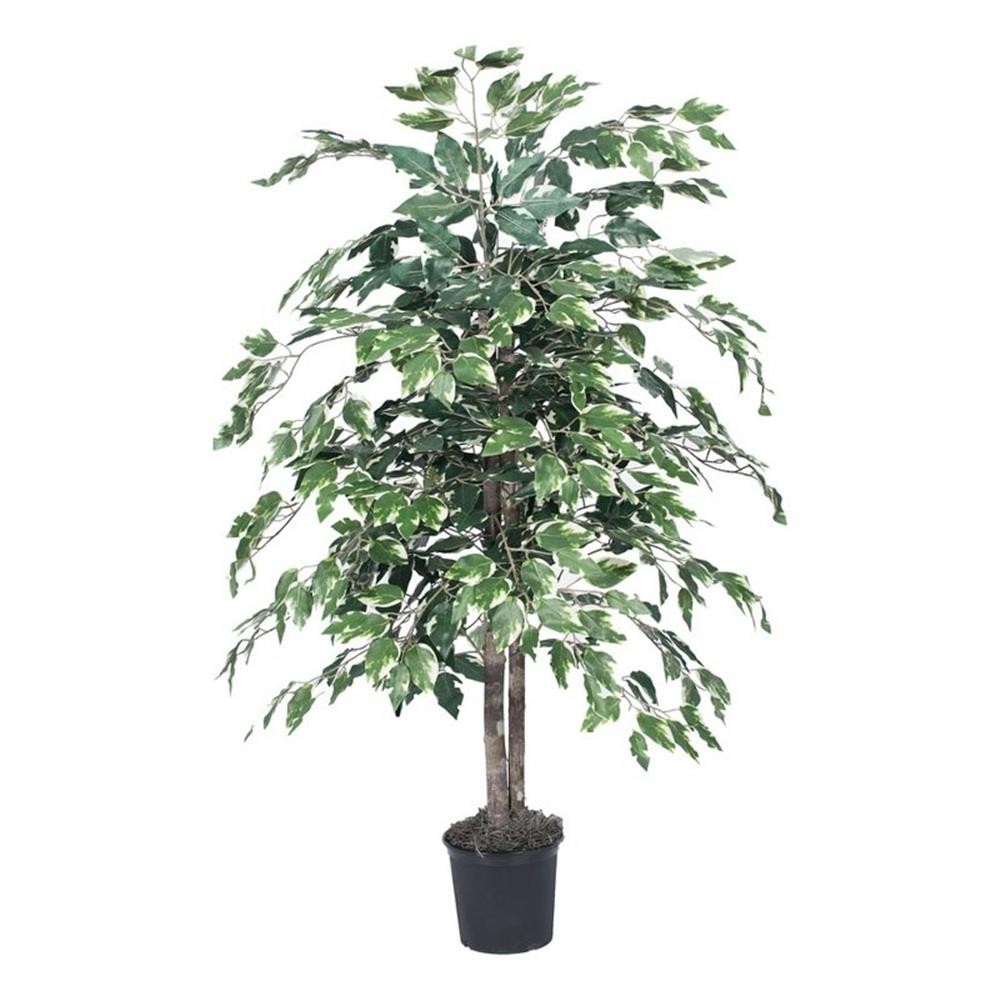 Pemberly Row 4′ Artificial Variegated Ficus Bush with Black Pot in Green/White