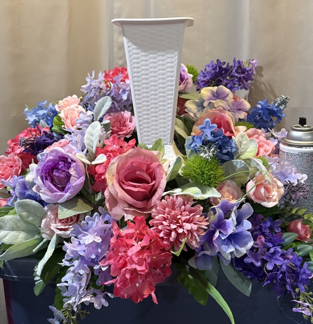 Floral Urn Ring Arrangement For Memorial Service 24” Round flowers Pinks, Blues