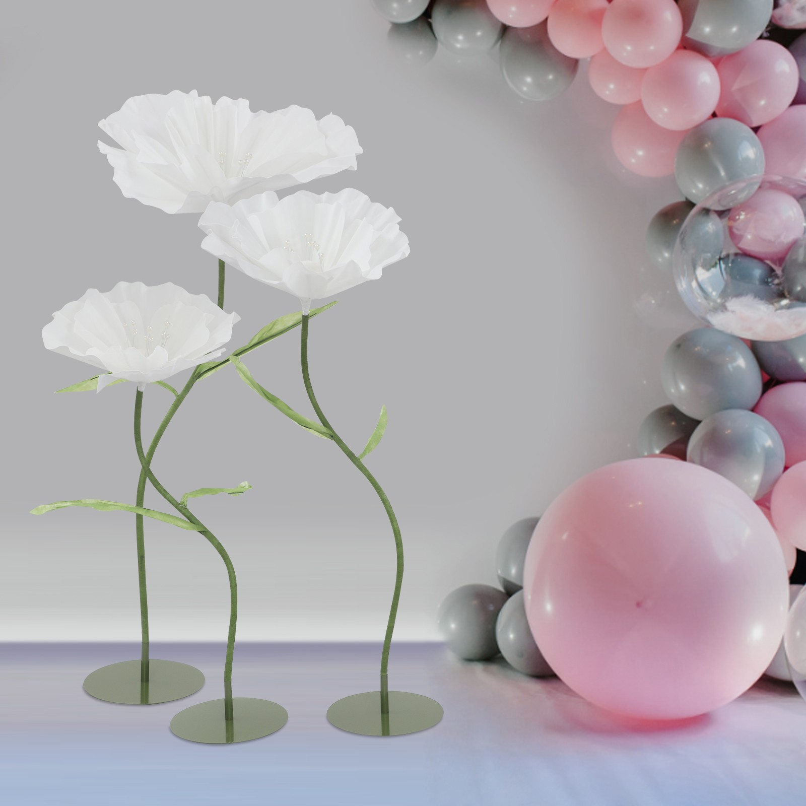3pcs Giant Artificial Flower Poppy Free Standing Adjustable Wedding Decor White