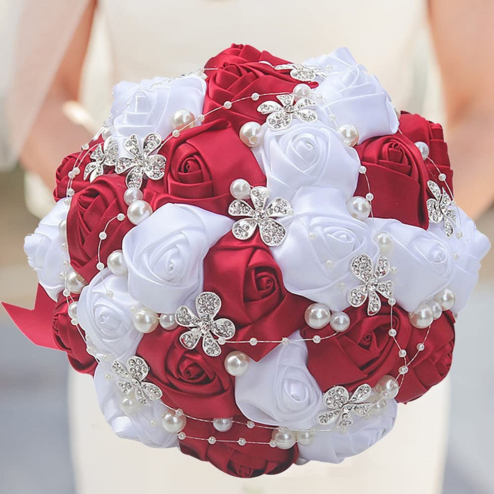 Black Ivory Bridal Wedding Bouquet Satin Rose Rhinestone Pearls Quinceanera