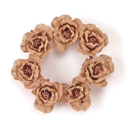 NEW Natural Chic BURLAP ROSES FLOWER CANDLE RING Wreath 4″ Inside Weddings