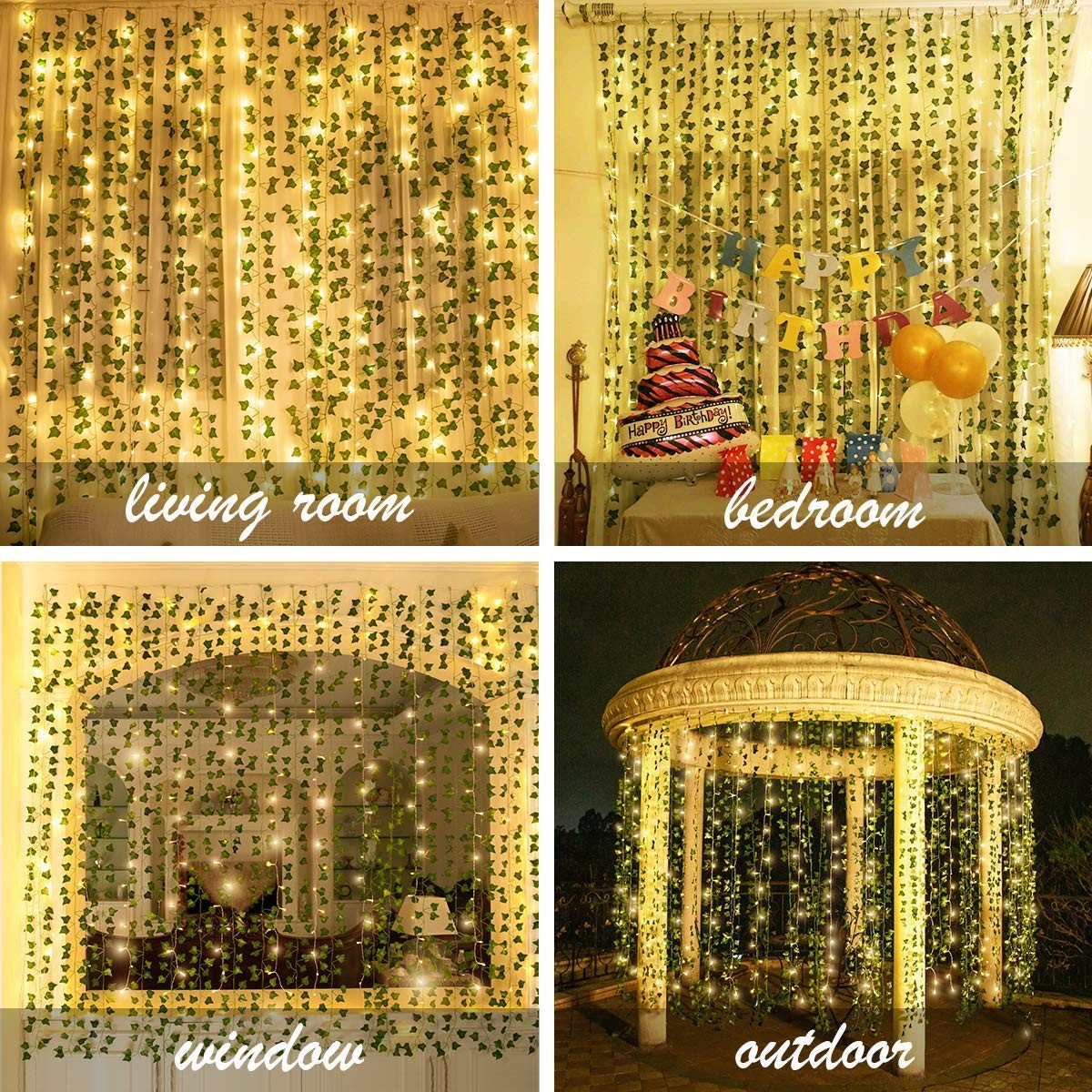 12 Pack Artificial Ivy Leaf Plants with 240 LED Window Curtain String Lights,…