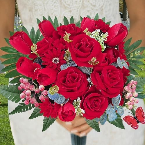 Artificial Cemetery Flowers with Vase – Realistic Red Roses & Tulips for Graves,