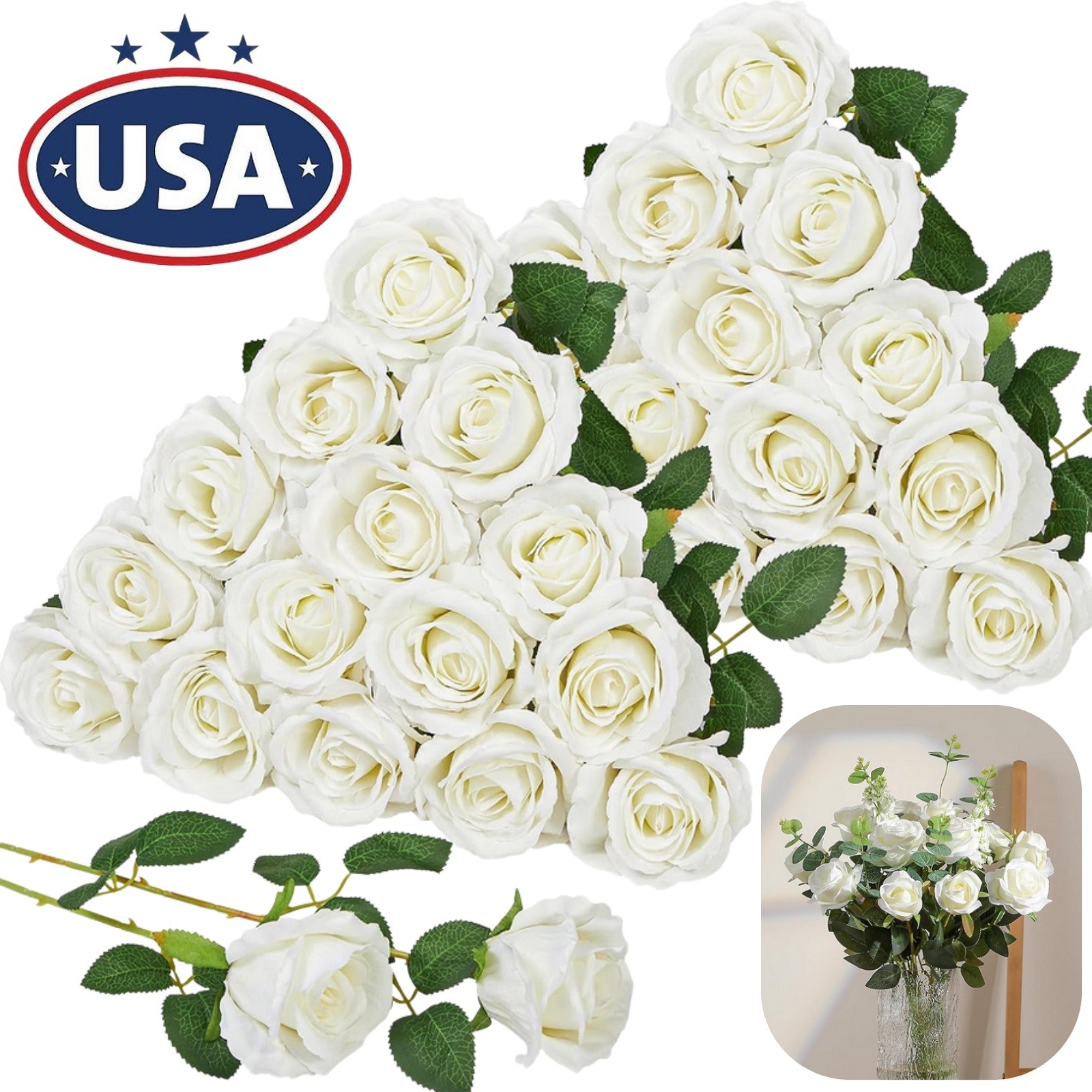 20× Artificial White Roses Fake Flower Silk with Single Stems Real Touch Gift US