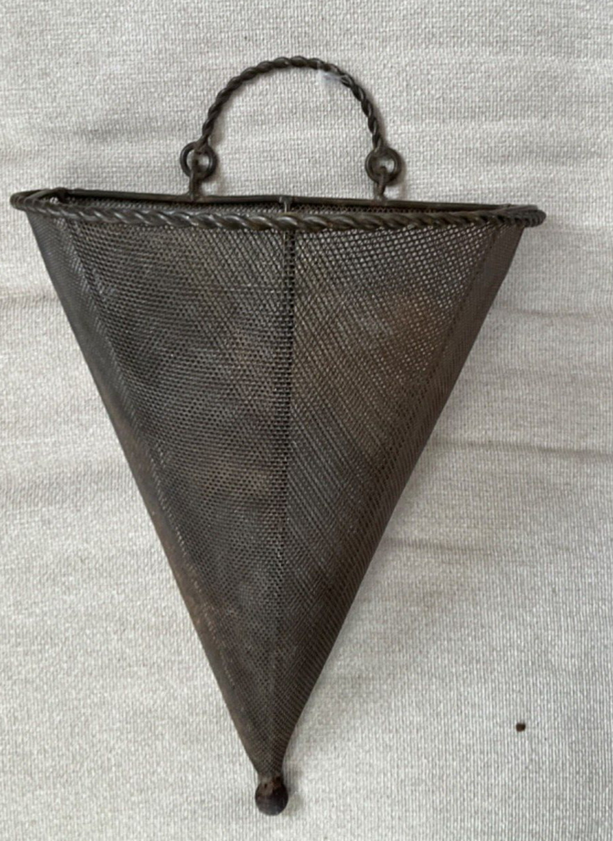 Wrought Iron Metal Hanging Wall Hugger Cone-Shaped Cylindrical Basket. Planter