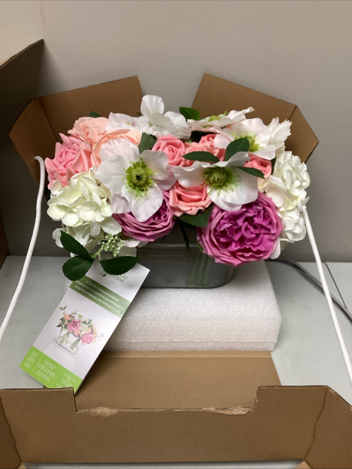 Nearly Natural Faux 10” Rose & Hydrangea Arrangement,Artificial Flowers PINK
