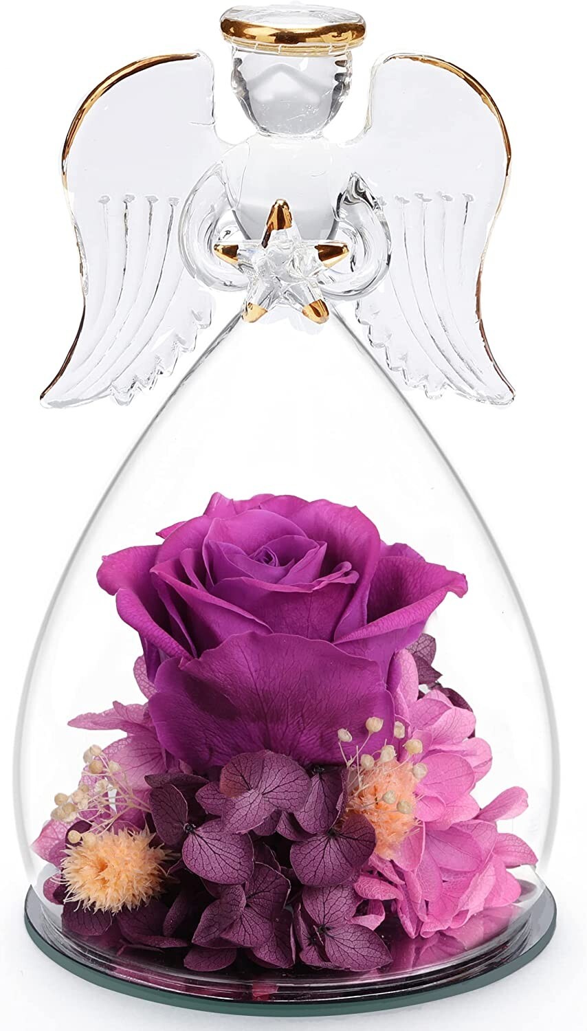 Preserved Purple Rose Christmas Birthday Gift Glass Angel For Women Wife Mom
