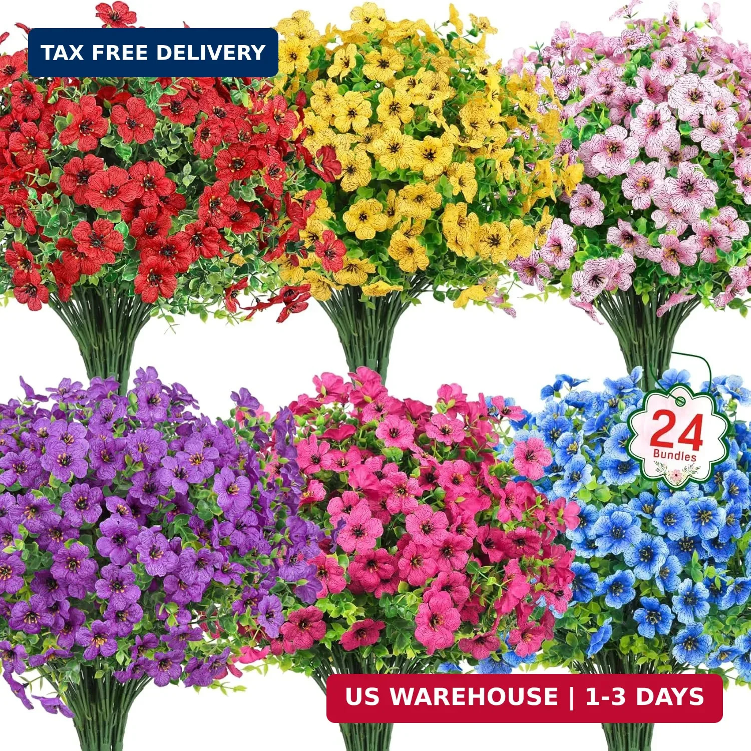 24 Bundles Artificial Flowers for Outdoors UV Resistant Faux Plants