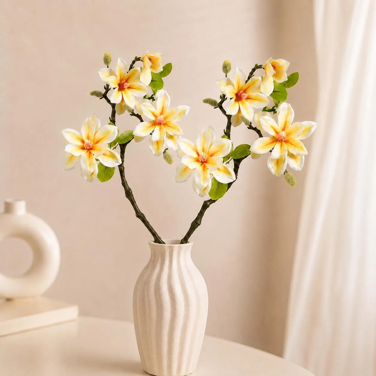 Set of 2 Faux Magnolia Stems, Cream Yellow Artificial 3-Bloom Floral Branches