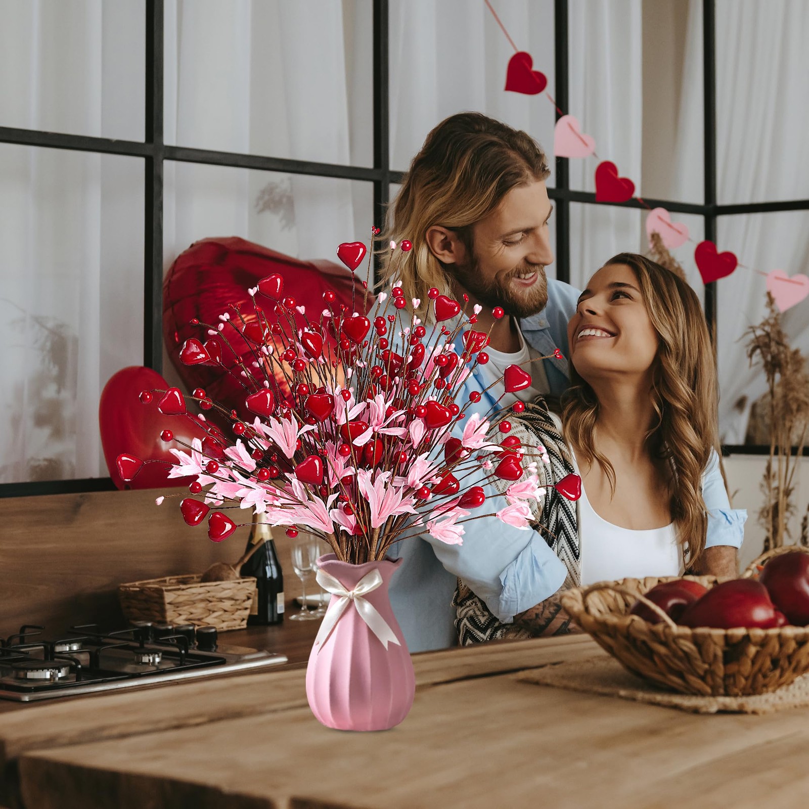 Valentine’s Day Gifts 12 Pcs Heart Shaped Berry Picks Artificial Red Heart Be…