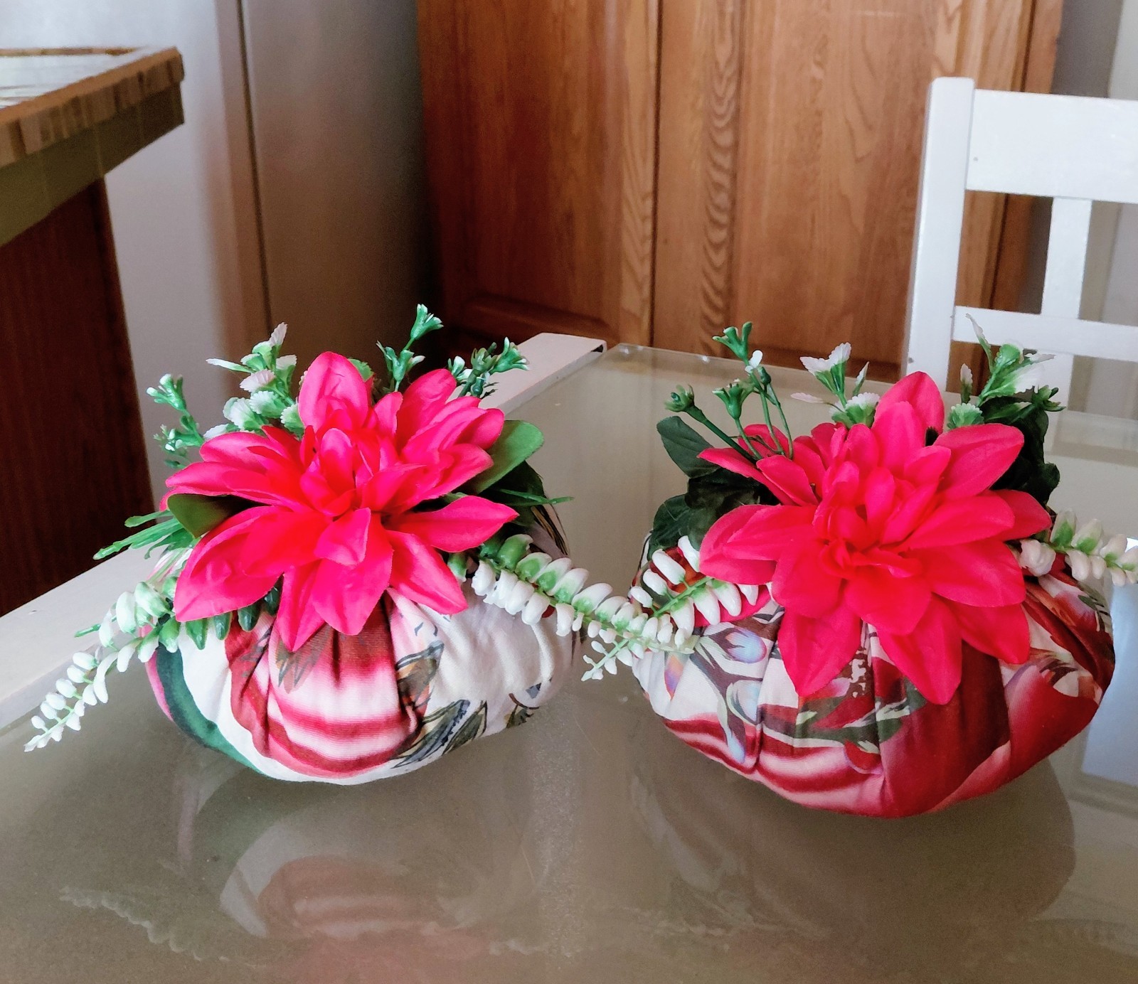 Large 20″ Around Pink Floral Decorative Fabric Pumpkin Pair