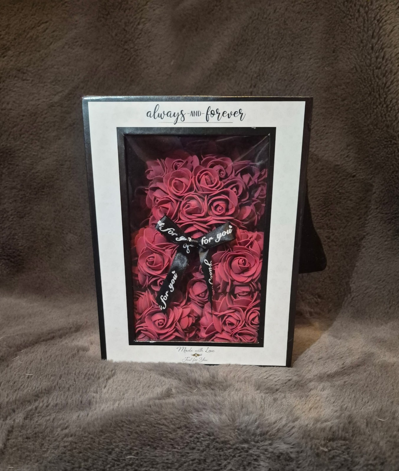 Burgundy Rose Artificial “Always & Forever” Everlasting Flower Bear 9″ w/ box