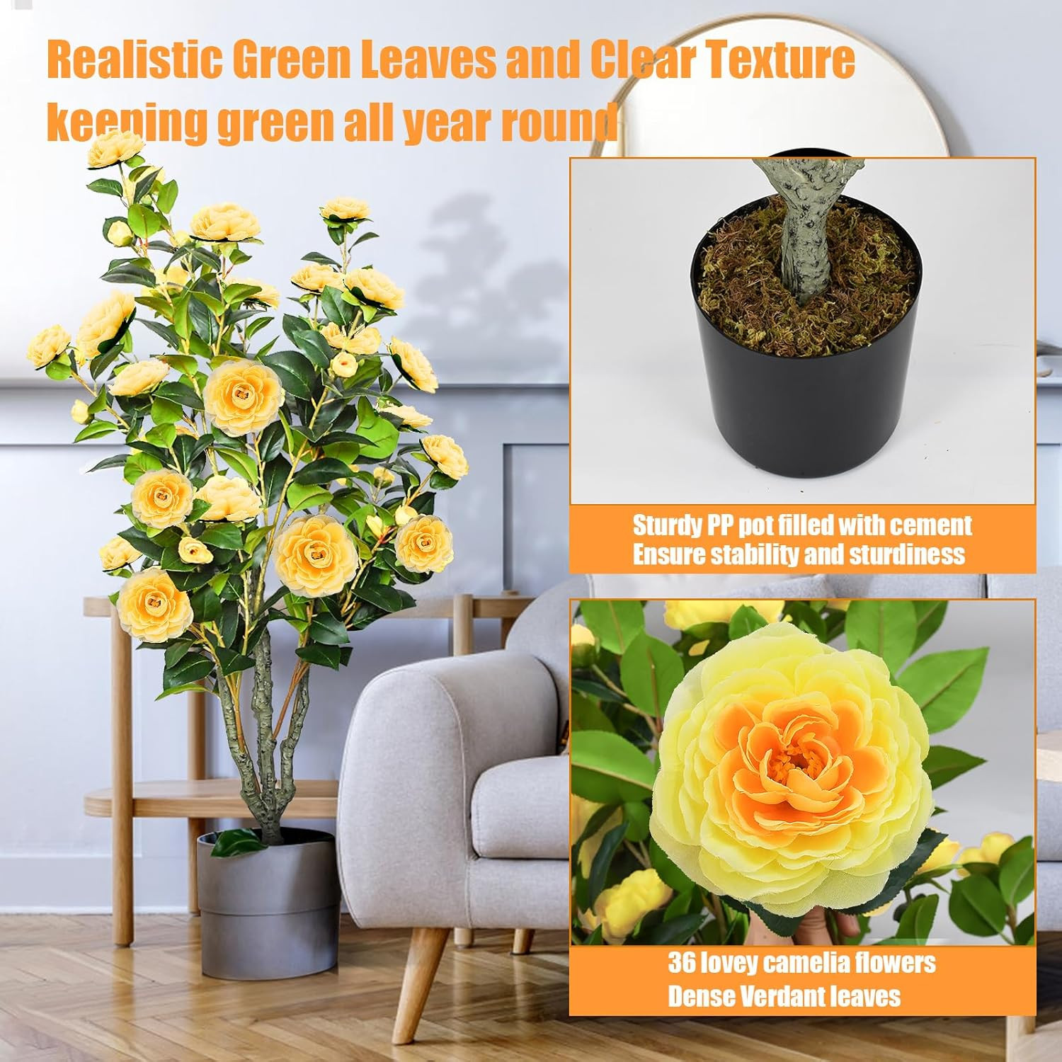 42″ Yellow Artificial Camellia Tree – 2 Pcs Faux Plant for Home & Outdoor Decor