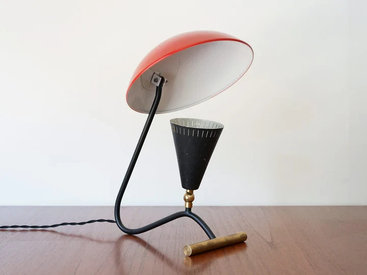 Mid-Century Modern Table Lamp – Red Dome Shade | Italian Style 1950s Des