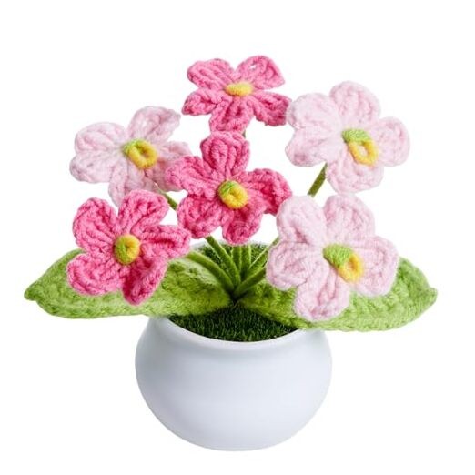 Crochet Flowers Pink Handmade Knitted Potted Flower Plants for Gradient Pink