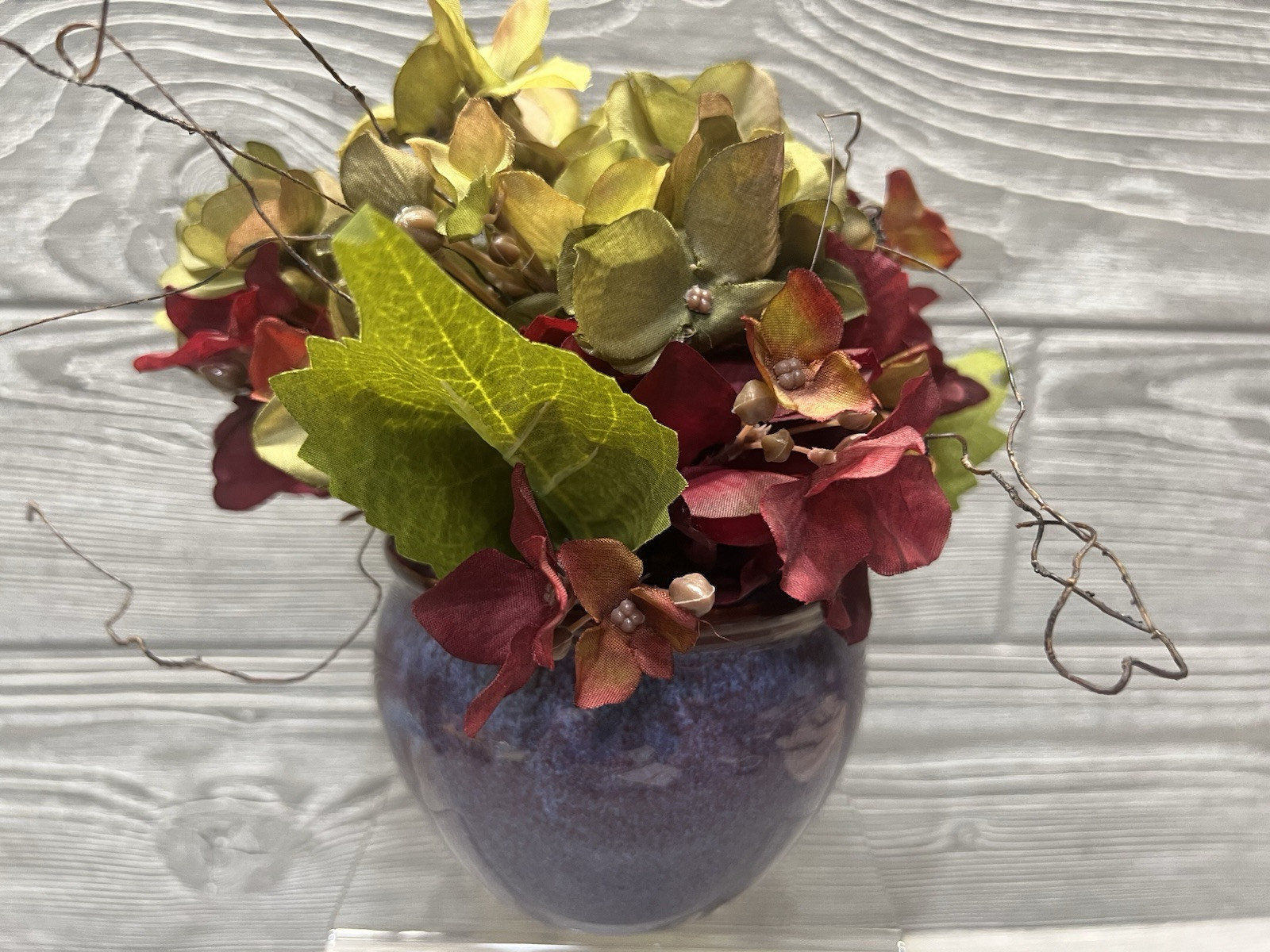 Small Flower Arrangement Hydrangeas in Blue Ceramic Pot 7.5” Faux Floral
