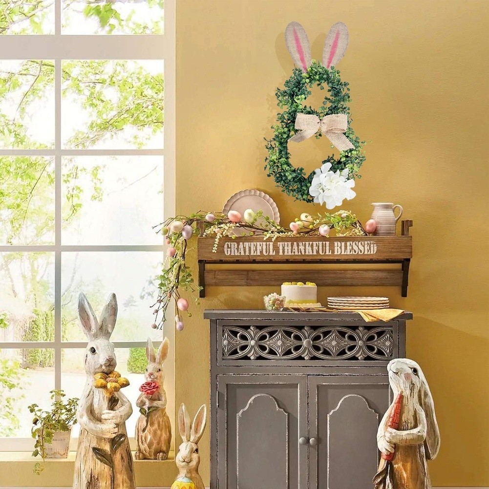 Easter Bunny Wreath for Front Door Spring Artificial Greenery 45cm Plastic