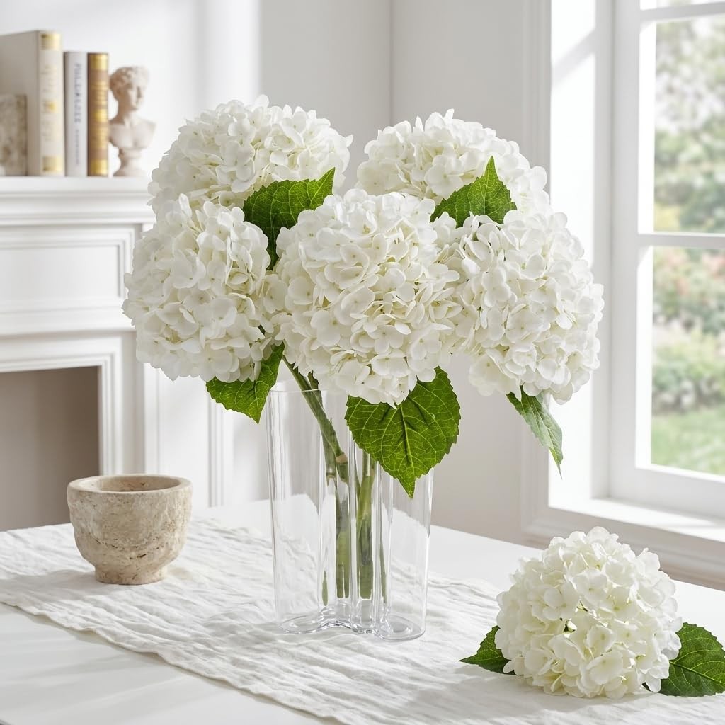 21″ Real Touch White Hydrangea Artificial Flowers with Long Stem & Leaves, Fu…