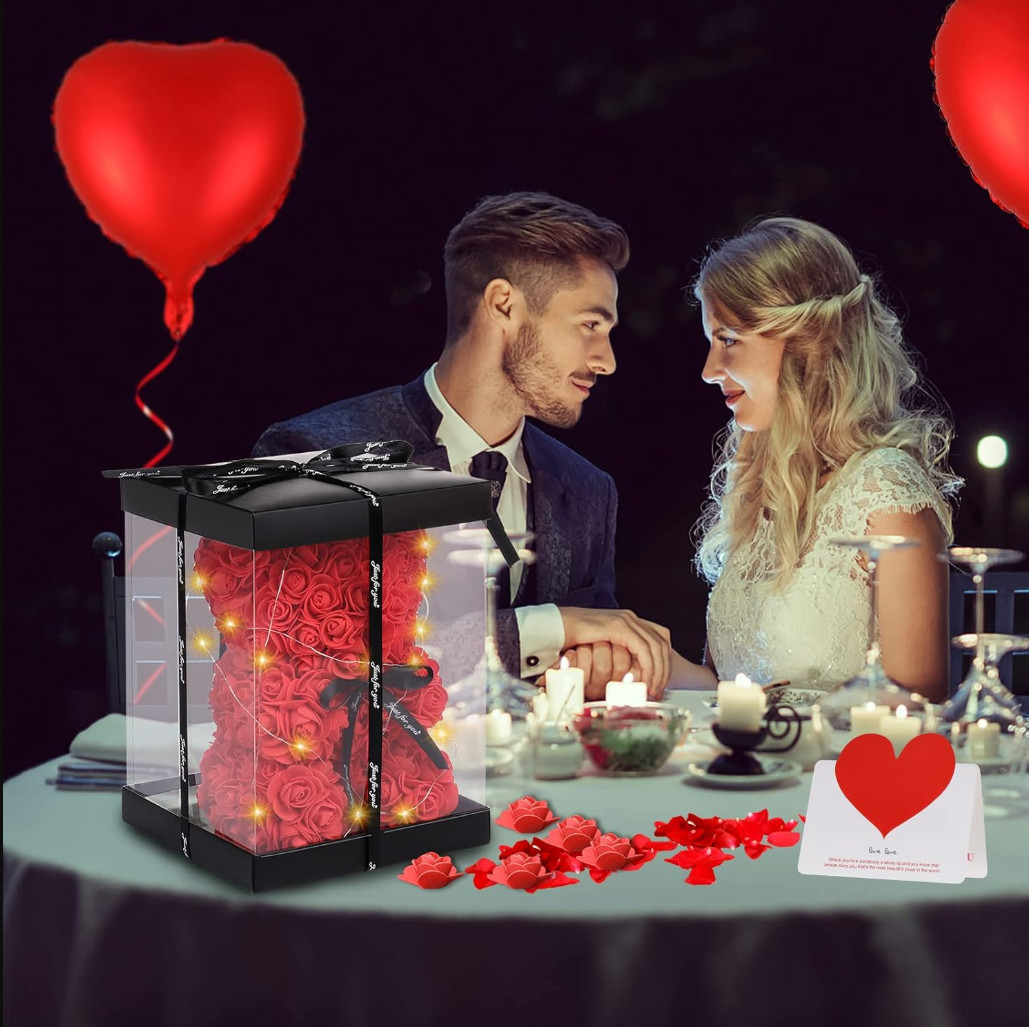 Rose Bear (5 in 1), Rose Teddy Bear with Lights, Ballon, Gift Box and Love Card.