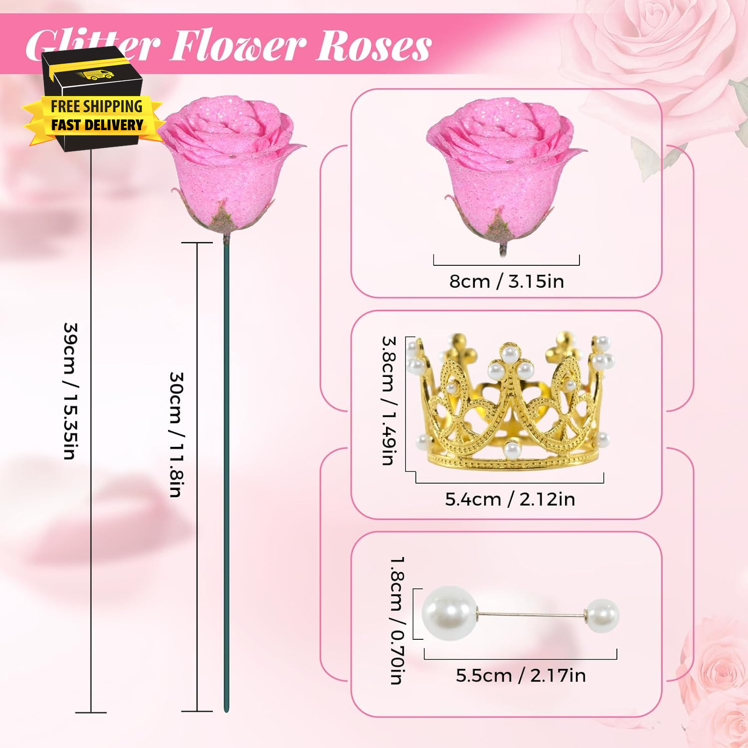 Pink Glitter Roses Bouquet, 24 Pcs Shiny Glitter Flowers Bouquet, Everlasting Ar
