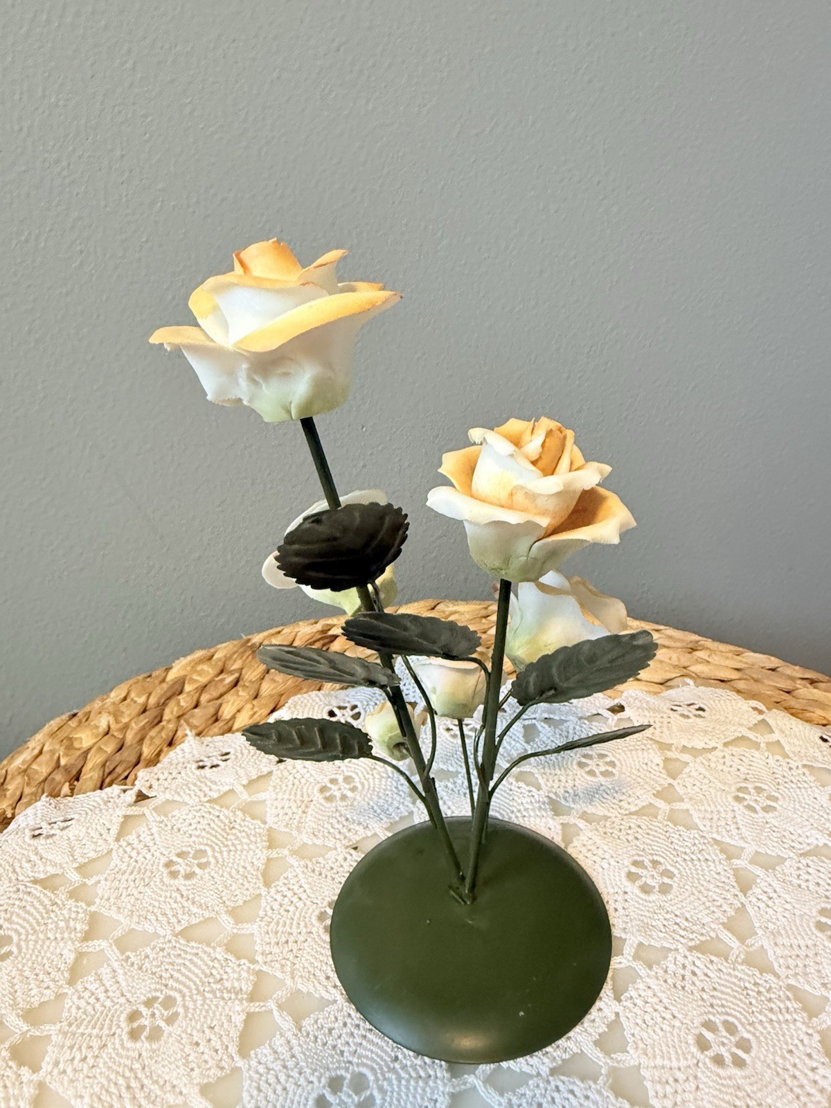 Porcelain Rose Flower Arrangement Metal Base 10” Peach Floral Home Decor
