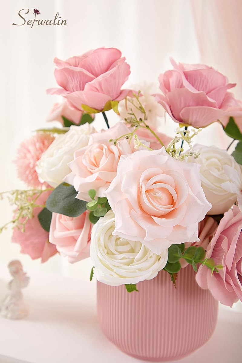 Artificial Blush Pink White Mixed Roses Fake Silk Flowers DIY Wedding Decor