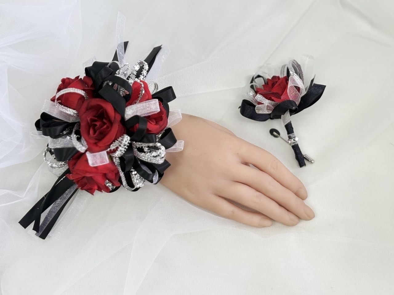Ting Cecilly Rose Wedding Corsage Boutonniere Set Black Red Prom Accessory