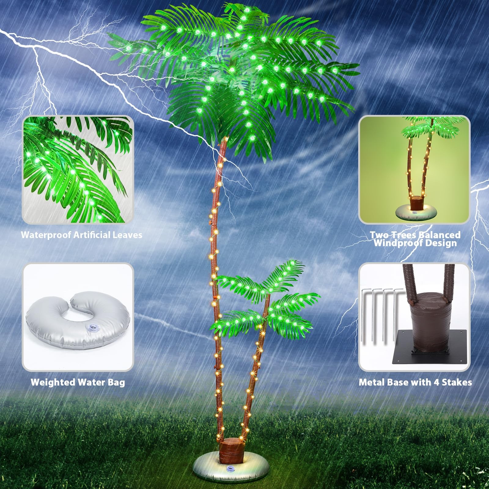 7FT Dual Trunk Solar Palm Tree 8 Modes Remote Control Timer Waterproof LED Outdo