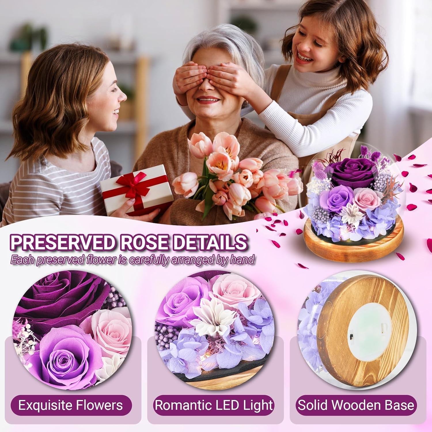 Preserved Flowers Rose in Glass Dome Forever Flowers Valentines Day Gifts for He
