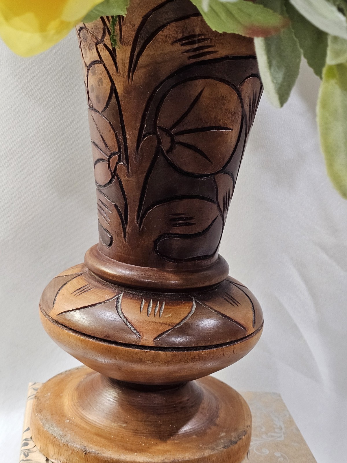 Beautiful Yellow Rose Floral Arrangement in unique handcarved Vase 22″ H x14″ W