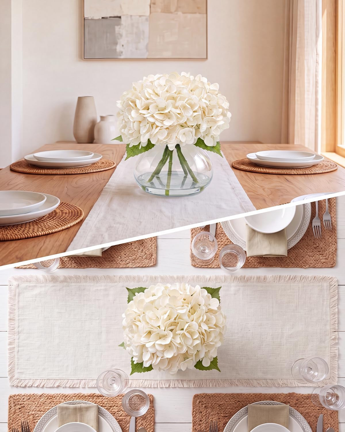 Realistic White Hydrangea Artificial Flowers with Vase for Home Decor