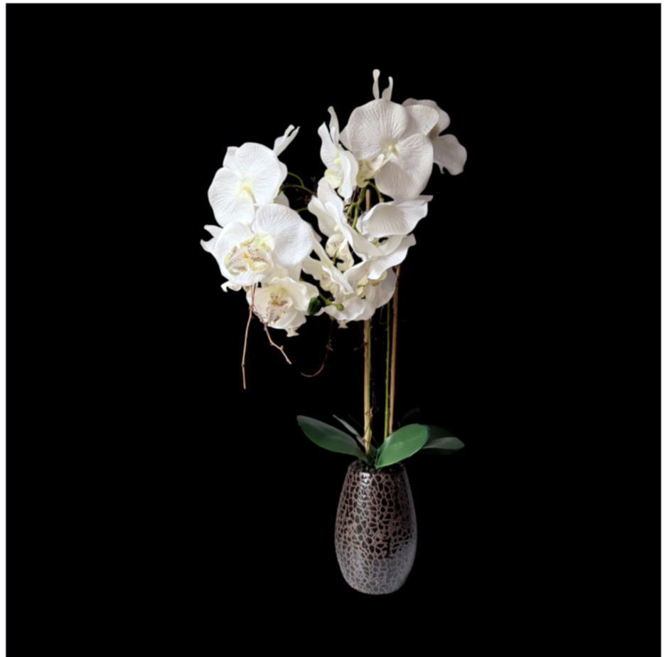 artificial white Phalaenopsis orchid arrangement in a brown textured vase 27”….