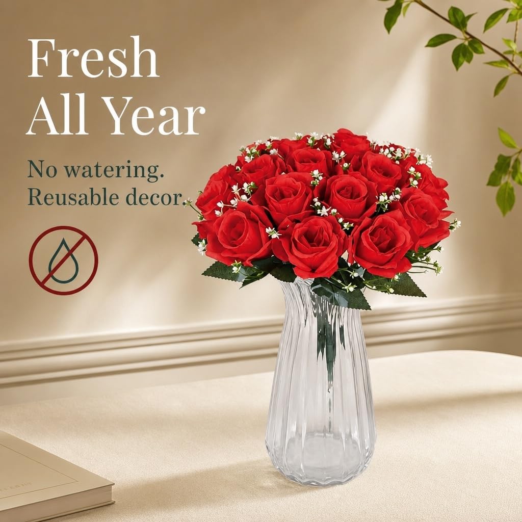16 Inch Artificial Silk Red Rose Bush Gyp Foliage 24 Heads Wedding Grave 1 PCS