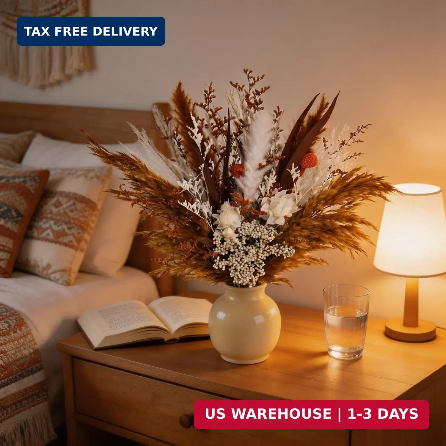 17″ Boho Dried Flower Bouquet – Natural Pampas Grass & Real Flowers for Spring H