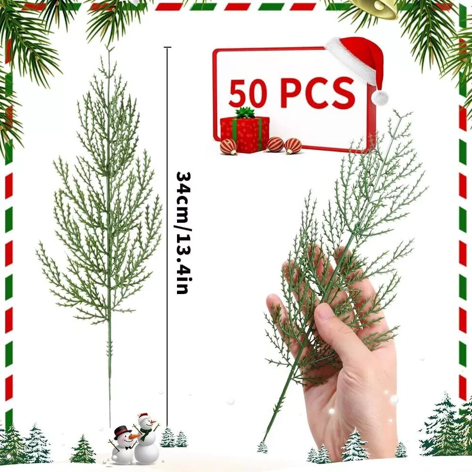 50 PCS Artificial Pine Branches Christmas Faux Pine Greenery Stems Fake Cedar Pi