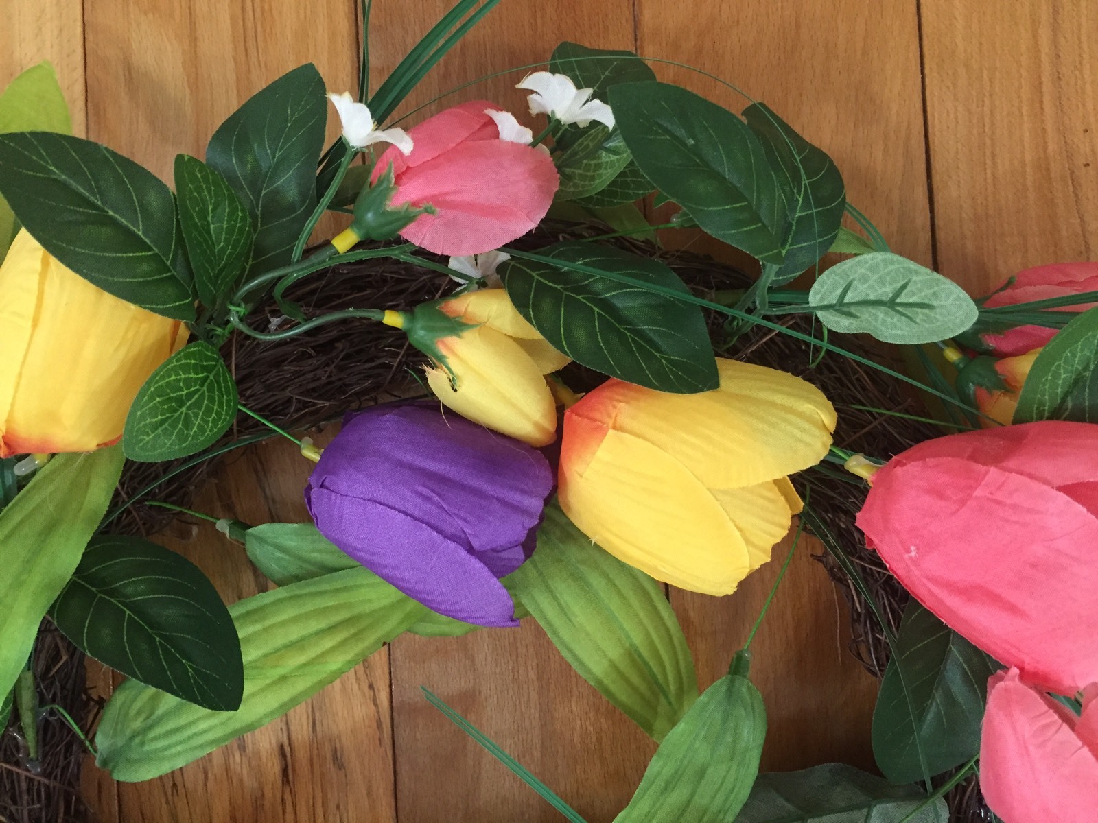 Beautiful Bright Floral Pink Purple Yellow Tulip Spring Door Wreath Door Decor