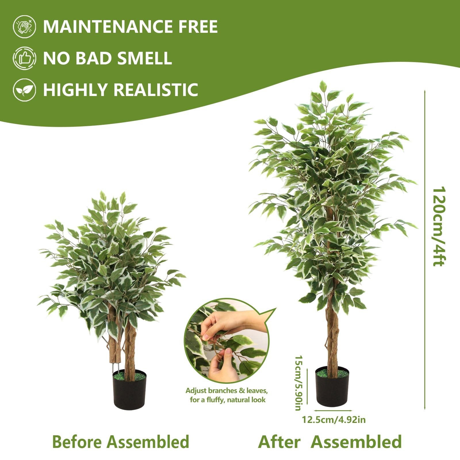 Ficus Tree Artificial, 4FT Realistic Fake Tree for Indoor, Faux Ficus Tree wi…