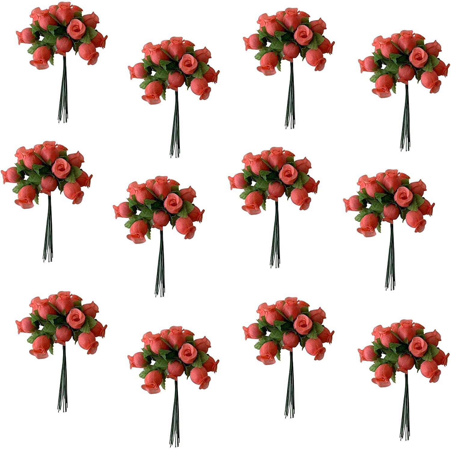 Coral Artificial Silk Flower Roses – 12 Mini Bouquets of 12 Rosebuds, 144 Total