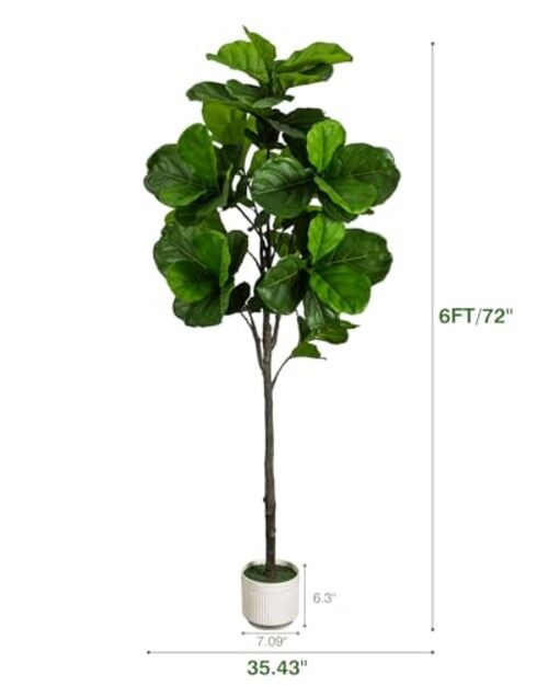 Artificial Fiddle Leaf Fig Tree 6FT – Large Fake Tree with White 6ft Green