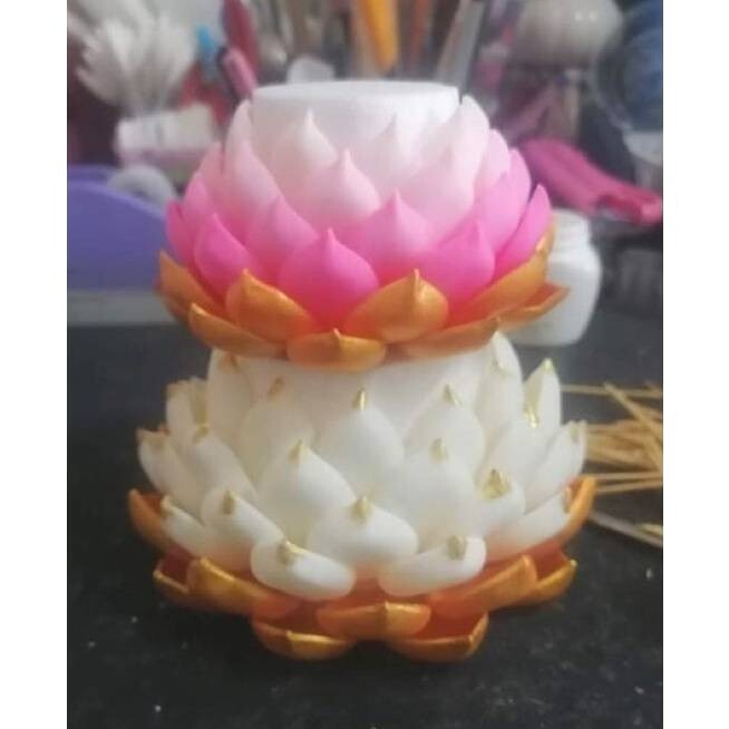 Lotus Flower Air Dry Clay Artificial Gold White Buddha Stand Pedestal Offering