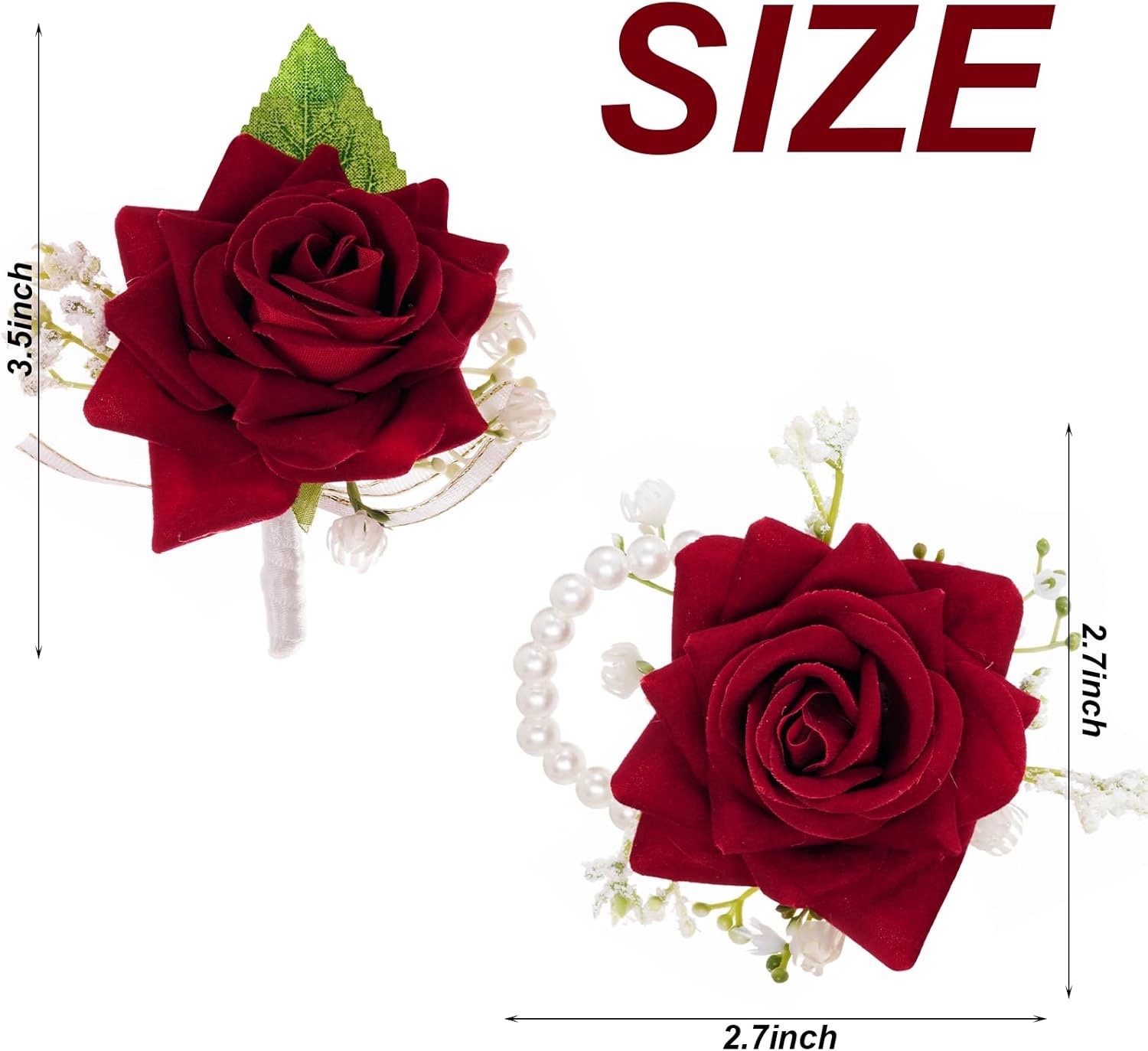 Wrist Corsage and Boutonniere Set Dark Red Rose Maroon Artificial Flower 2 Pcs